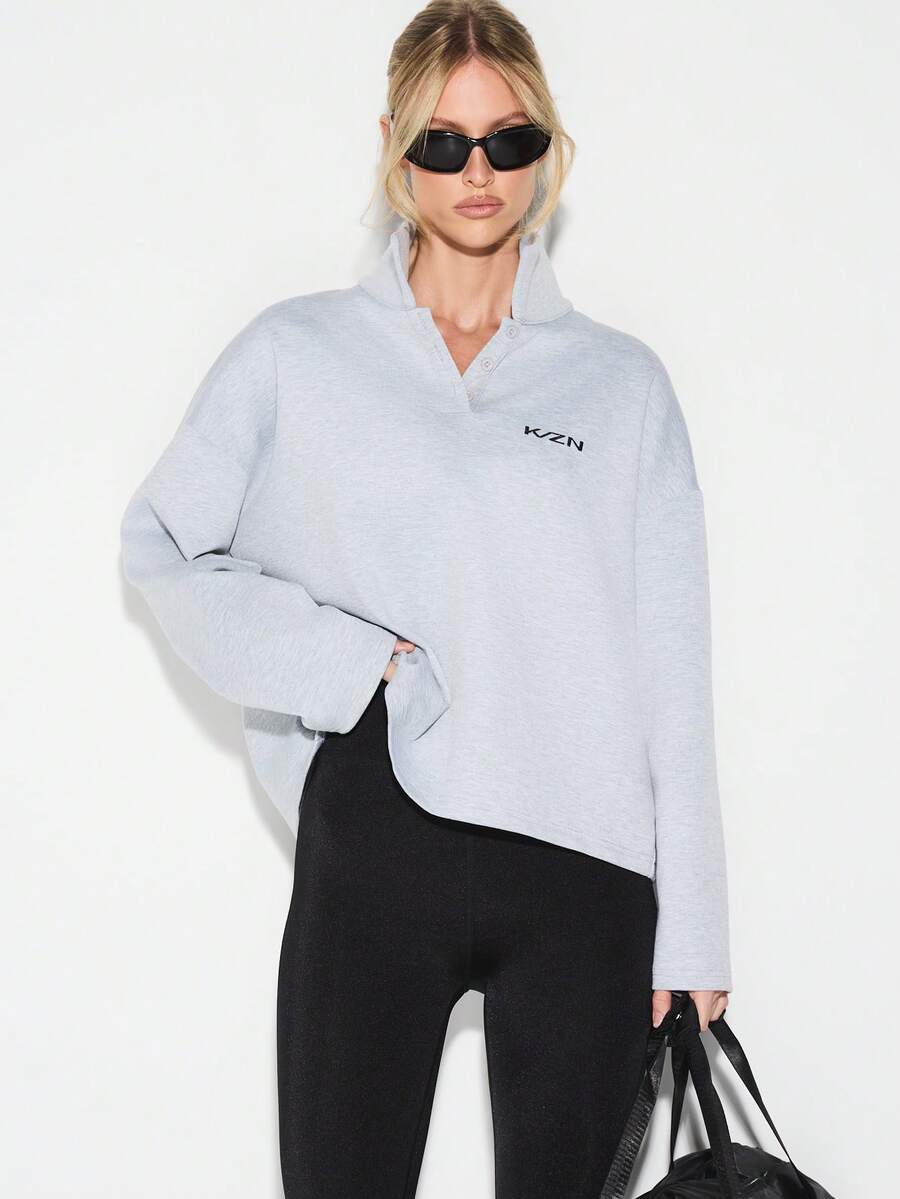 Sudadera con cuello de KIZN de color gris claro jaspeado con estampado de logotipo, manga larga, casual - Gris - Ver 1