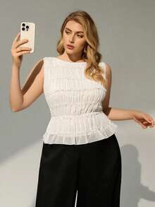 Auralis Women's Solid Color Lace Ruffle Crew Neck Sleeveless Casual Vacation Plus Size Tank Top / Elegant Floral Lace Sheer Design Casual Top - Apricot - View 1