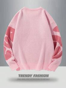 Manfinity EMRG 男士加大码字母图案圆领长袖休闲毛衣，秋冬季 - 粉色 - 查看 2