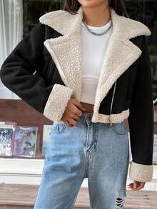 SHEIN EZwear 女士泰迪绒内衬拉链机车夹克，大翻领，秋冬款