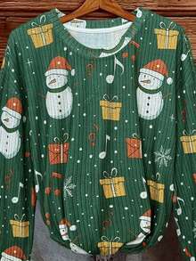 SHEIN LUNE Women's Casual Christmas Snowman Gift Pattern Oversized Drop Shoulder Long Sleeve T-Shirt - Green - View 4