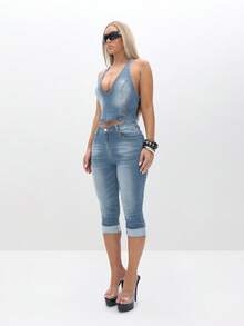 BABYPHAT Stretch Denim Capri Jeans With Turn Up Hems High Waisted Summer Casual Everyday Pants For Spring Festival Vacation - Light Wash - View 4