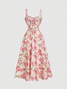 SHEIN MOD 法式浪漫印花吊带中长连衣裙，情人节连衣裙，夏季女装，波西米亚风女装，粉色碎花连衣裙，情人节连衣裙 - 彩色 - 查看 2