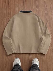 SWAVVY Jaket Lengan Panjang Patchwork Bordir Fashion Pria Ukuran Standar - Khaki - View 2