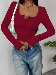 INAWLY Camiseta de manga larga de unicolor casual para mujer, versátil para el otoño - Burdeos - Ver 3