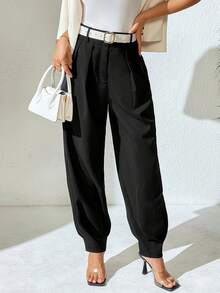 SHEIN PETITE Women's Elegant High-Waisted Black Straight-Leg Pants With Double-Button Decoration And Pleats, Suitable For Spring And Autumn