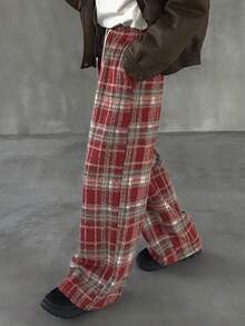 FRIFUL Women's Plaid Brushed Drawstring Waist Straight Leg Casual Pants, Versatile - Red - View 4