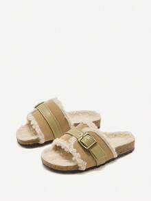 Autumn/Winter Fashion Versatile Casual Cute Funny Fleece Warm Anti-Slip Pastoral Retro Infant Flat Sandals For Toddler Girls - Apricot - View 6
