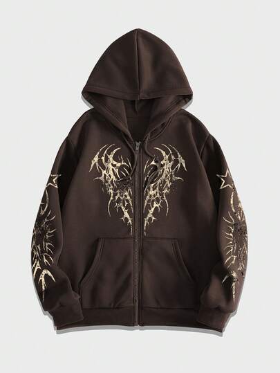 Men's Flame Print Zip Pocket Drawstring Hooded Loose Casual Sweatshirt