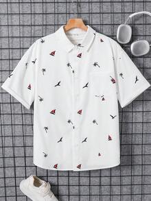 SHEIN Áo sơ mi ngắn tay màu trắng dành cho nam thiếu niên, in hình cây cọ nhiệt đới, thuyền và chấm bi, kiểu dáng giản dị, thoải mái, đa năng, phù hợp mặc hàng ngày, đi học, du lịch, lễ hội âm nhạc, tiệc tùng, kỳ nghỉ hè ở bãi biển. Áo sơ mi mùa hè, áo sơ mi in họa tiết nhiệt đới, áo sơ mi đi biển, áo sơ mi nam thường ngày. - trắng - Xem 7