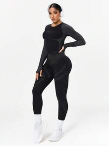 Seamluxe SHEIN Sport 女士字母印花拼接条纹插肩袖运动T恤 - 黑色 - 查看 5