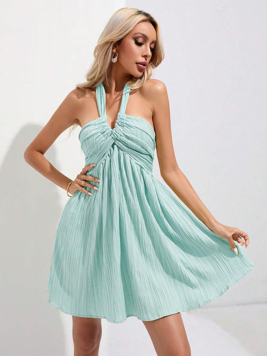 GENKIRA Tie Backless Halter Neck Dress - Baby Blue - View 1