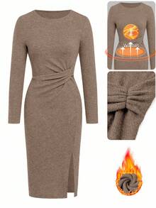 Ellevyn 丝绒扭结紧身连衣裙，女士圣诞连衣裙，女士绿色圣诞连衣裙 - 卡其色 - 查看 1