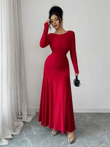 Selianne 2025 Red Autumn Elegant Dining Dress Women's French Style High Elasticity Knit Ruched Split Crew Neck Fitted Vintage Formal Party Wear - Burgundy - View 6