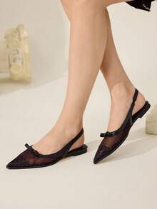 CUCCOO CHICEST 女士时尚优雅波点蝴蝶结装饰平底鞋，通勤必备 - 黑色 - 查看 6