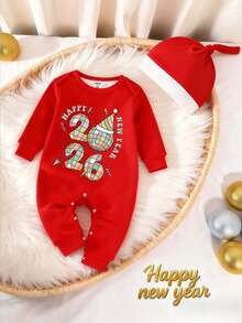 2件套婴儿男童男女通用3个月-3岁新年快乐2026图案红色圆领长袖连体衣带帽子，婴儿服装，男童套装，连体衣，派对装，节日套装，休闲日常装，适合春、秋、冬三季，红色婴儿套装，婴儿新年服装，红色连体衣，生日男童 - 紅色 - 查看 2