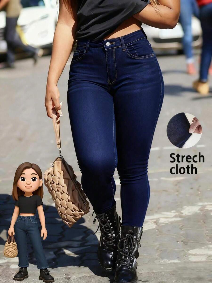 Jeans ajustados sexys para mujer] Jeans ajustados sexys para mujer, tejido elástico de mezcla de viscosa, color liso, con detalle de botón, para pantalones tejidos de otoño/invierno