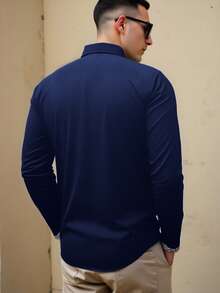 Manfinity Mode Men's Single-Breasted Casual/Business Long Sleeve Shirt - Navy Blue - View 2
