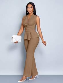 SOLERSUN Bộ đồ hai mảnh không tay dài tay cổ chữ V thanh lịch màu mơ cho nữ, quần ống rộng, viền bất đối xứng, thường ngày, mùa xuân và mùa hè, không tay, tay ngắn - màu nâu - Xem 7