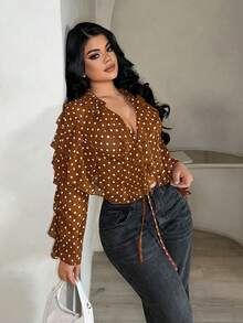 SHEIN SXY Fashionable Commuter Coffee Brown Polka Dot Ruffle Trim Shirt,Vacation,Brown ,Valentine's Day ,Going Out, Sexy Blouse For Women, Brown Blouse, Coffee Brown Top, Polka Dot Shirt, Pokadot Top - Coffee Brown - View 8