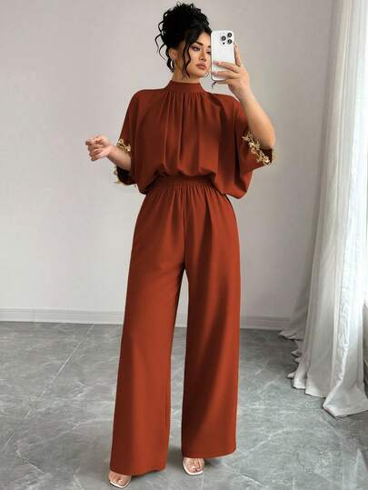 Elenzga Plus Size Women Elegant Short Sleeve Jumpsuit, Stand Collar, Back Tie, Embroidered Cuffs, Suitable For Casual And Party Wear