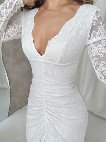 Jemour 女士优雅蕾丝褶饰连衣裙 - 白色 - 查看 3