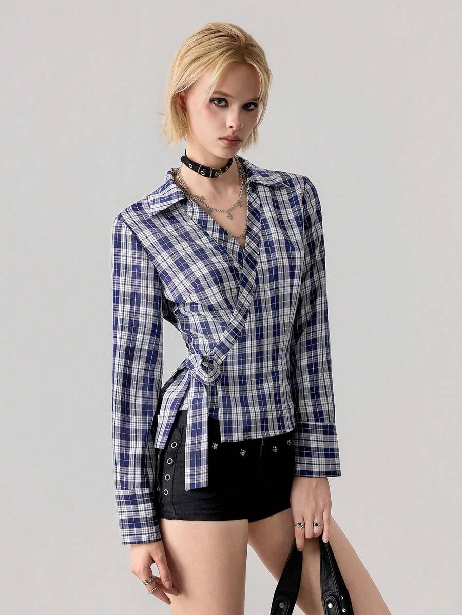 Ardnt 经典性感V领条纹衬衫，腰部系带设计，休闲法式风格，女士必备百搭衬衫，初秋 - 藍色 - 查看 1