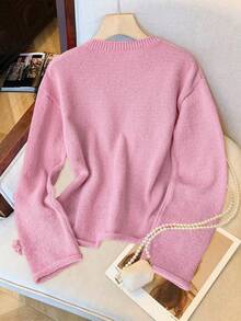 Franclia Pink Floral Autumn Cute Everyday Blogger-Style Chic 3D Crochet Loose Fit Crew Neck Sweater,European & American New Arrival Fall Winter Casual Commute - Pink - View 2
