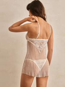 Charlaine 白色蕾丝拼接露背薄纱浪漫法式休闲办公室慵懒性感女士睡裙 - 白色 - 查看 3