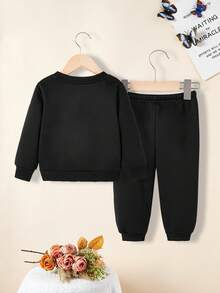 Baby Girl Casual Cartoon Pattern Crew Neck Sweatshirt Thick Set, Suitable For Autumn/Winter, Classic Cute Cartoon Heart & Bow Print - Black - View 3