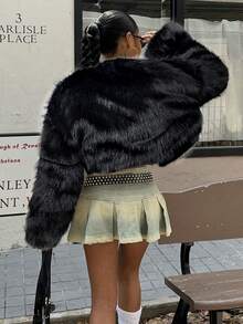 SHEIN EZwear 女士秋冬米色蓬松短外套 - 黑色 - 查看 2