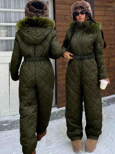 SHEIN EZwear White Fuzzy Hat & Thick Jumpsuit For Women, Suitable For Playing In Snow In Autumn/Winter