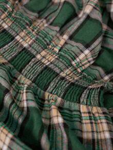 LanaWest 女士格子图案可追踪面料圆领小褶皱收腰娃娃裙，裙摆设计休闲波西米亚西部乡村风格，百搭长袖中长连衣裙 - 綠色 - 查看 3