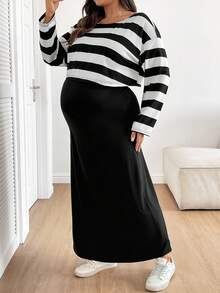 SHEIN This Two-Piece Maternity Set Includes A Plus-Size Black Striped Top And A Solid-Color Sleeveless Dress, Perfect For Casual Everyday Wear In Autumn. Pregnant Clothes Pregnant Dress Maternity Clothes Pregnant Outfits Plus Size Black Dress Plus Size Pregnant Outfits Plus Maternity Clothes Maternity Dress - Black and White - View 5