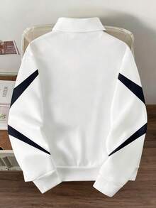 Manfinity Joysei 时尚休闲撞色条纹图案标准尺码男士Polo领卫衣，适合秋冬季约会和聚会，必备单品，适合情侣、家人搭配，也是送给男友的绝佳礼物。 - 白色 - 查看 3