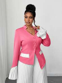 Maweii 2 pièces/Set Blazer ajusté à col en V et patchwork avec ourlet mouchoir et pantalon long plissé pour femmes, tenue de bureau élégante, grande taille