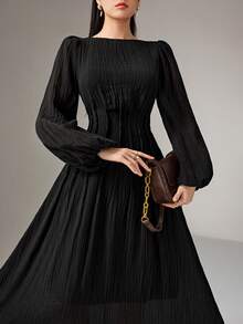 Heiryn 女士优雅纯色灯笼袖收腰长连衣裙，秋季 - 黑色 - 查看 4