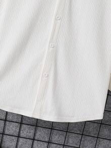SHEIN Teen Boys' White Pleated Textured Fabric Minimalist Silhouette Shirt, Casual, Collegiate, Comfortable, Fashionable, Versatile, Soft Fabric, Suitable For Daily Wear, School, Outings, Parties, Holidays, Summer Beach Vacation - White - View 7