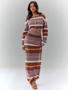 Glamine 女士休闲条纹落肩长袖针织开衫和针织半裙套装，秋冬款 - 紫色 - 查看 5