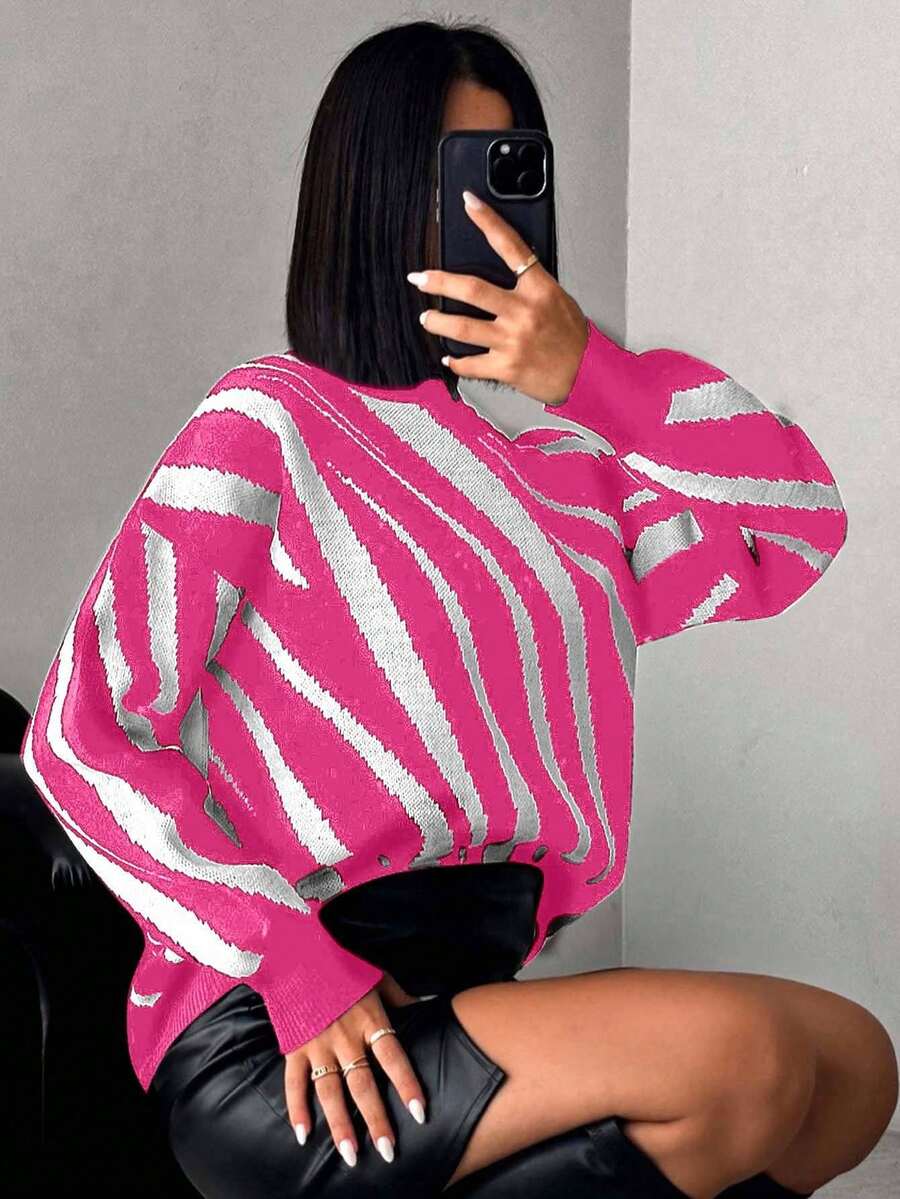 SHEIN Cottnline 女士条纹落肩毛衣 - 玫紅色 - 查看 1