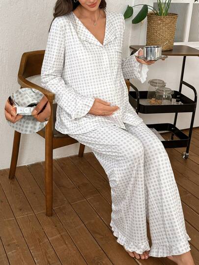 Moonlight&Mama 2pcs Maternity Plaid Print Chest Pocket Long Sleeve Top And Pants Pajama Set, Winter