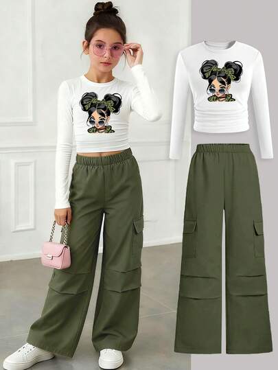 Sparklyn 2pcs/Set Fashion Girl Print Top & Straight Leg Cargo Pants Set, White Long Sleeve Blouse And Trousers, Stylish Casual Streetwear