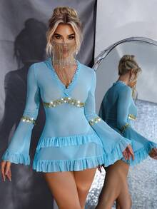 Set de 2 camisones sexy con mangas con volantes y decoración de cadena dorada glamorosa - Azul - Ver 4