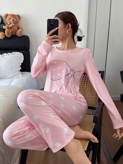 SHEIN 2pcs Pink Oversized Bow Polka Dot Print Cute Girl Long Sleeve Pajama Set, Winter Clothes Pajama Sets For Women Round Neck Pajama Sets For Women Long Sleeve Sleep Wear Women 2 Piece Set Women Pj Sets Cotton Pajamas Set For Woman