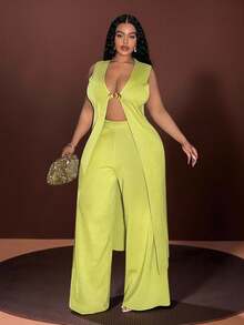 Veslaya New Autumn And Winter Styles 2025 New Women's Plus Size Solid Color/Minimalist/Elegant/Commute Fitted Knit Cardigan And Wide Leg Pants Set, Lime Wide Leg, Suitable For Daily Wear, Outing, Airport, Photo Shoot, Party Two Pieces Pant Set Summer Pant Set 2 Pieces Set