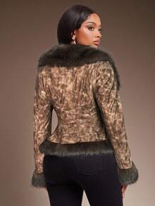 Radiana 复古卡其色PU拼接毛领修身夹克，秋冬季复古时尚短款PU外套 - 卡其色 - 查看 3