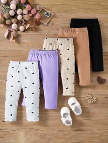 SHEIN Vintaside Kids Set de 5 leggings con diseño de corazón lindos para bebé niña, suaves, cómodos, elásticos, de piel amigable, esenciales para otoño/invierno, con opciones de multicolor - Morado - Ver 2