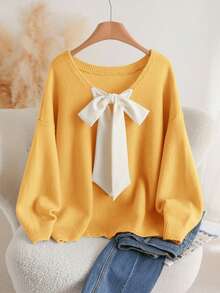 CosyJoli Suéter holgado de talla grande con cuello en V, lazo y espalda suelta - Amarillo - Ver 3