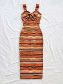 Soleia Women's Bohemian Style Twist Contrast Striped Sleeveless Split Midi Dress, Summer Fashion