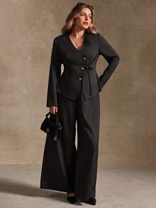 SHEIN LUNE 秋冬两件套加大码女式不规则金属扣肩带开衩背心裤套装，秋冬女士办公室穿搭，两件套女装，优雅老钱风女装 - 黑色 - 查看 3